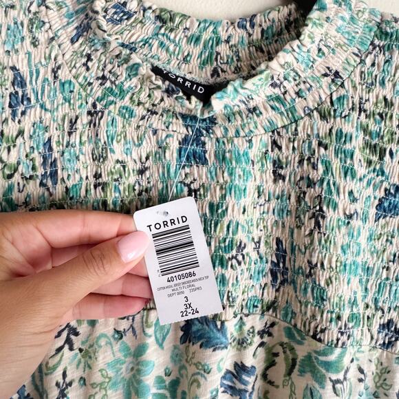 Torrid Green + Blue Floral Print Short Sleeve Smocked Mock Neck Top - 3X - NWT - Picture 4 of 11